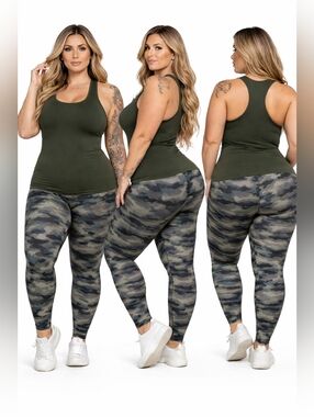 Women's Olive Green Tank Top with Camo High Waisted Slimming  Leggings Set